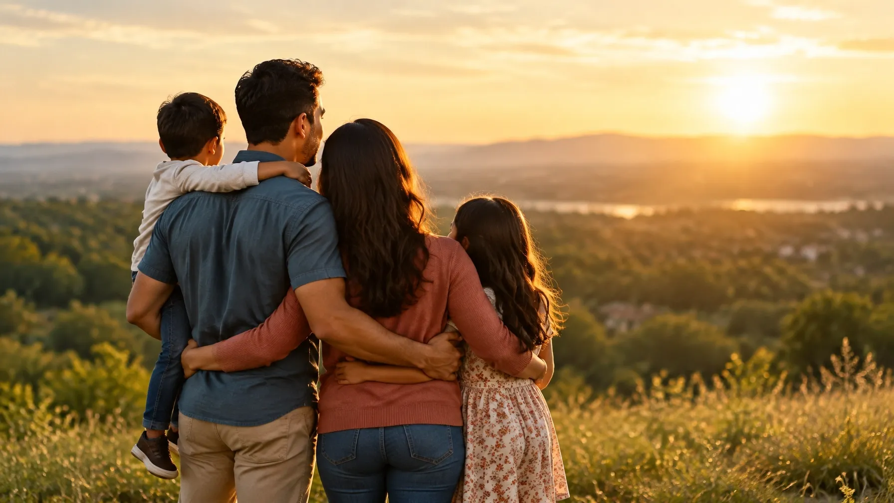Parents and children enjoying a sunset outdoors